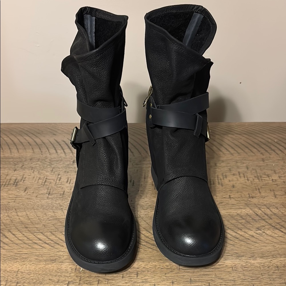 Black Combat Boots with Buckle Strap and Side Zipper - Picture 2 of 5